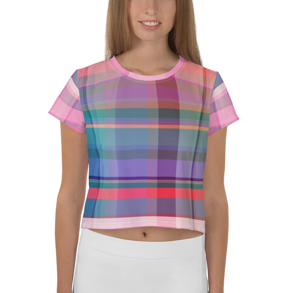 Colorful and stylish, the Rainbow Burst Crop T-Shirt captures the joy of a rainbow in an all-over print.