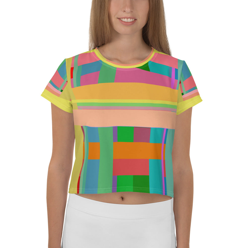 Vibrant Prism Fusion all-over print on a crop t-shirt, perfect for a bold, eye-catching look.