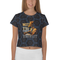 Woman wearing Magical Dragonfly crop tee in a summer setting.