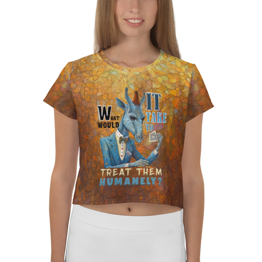 Whimsical whale print on women's crop tee.