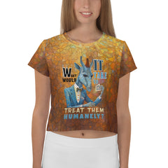 Whimsical whale print on women's crop tee.