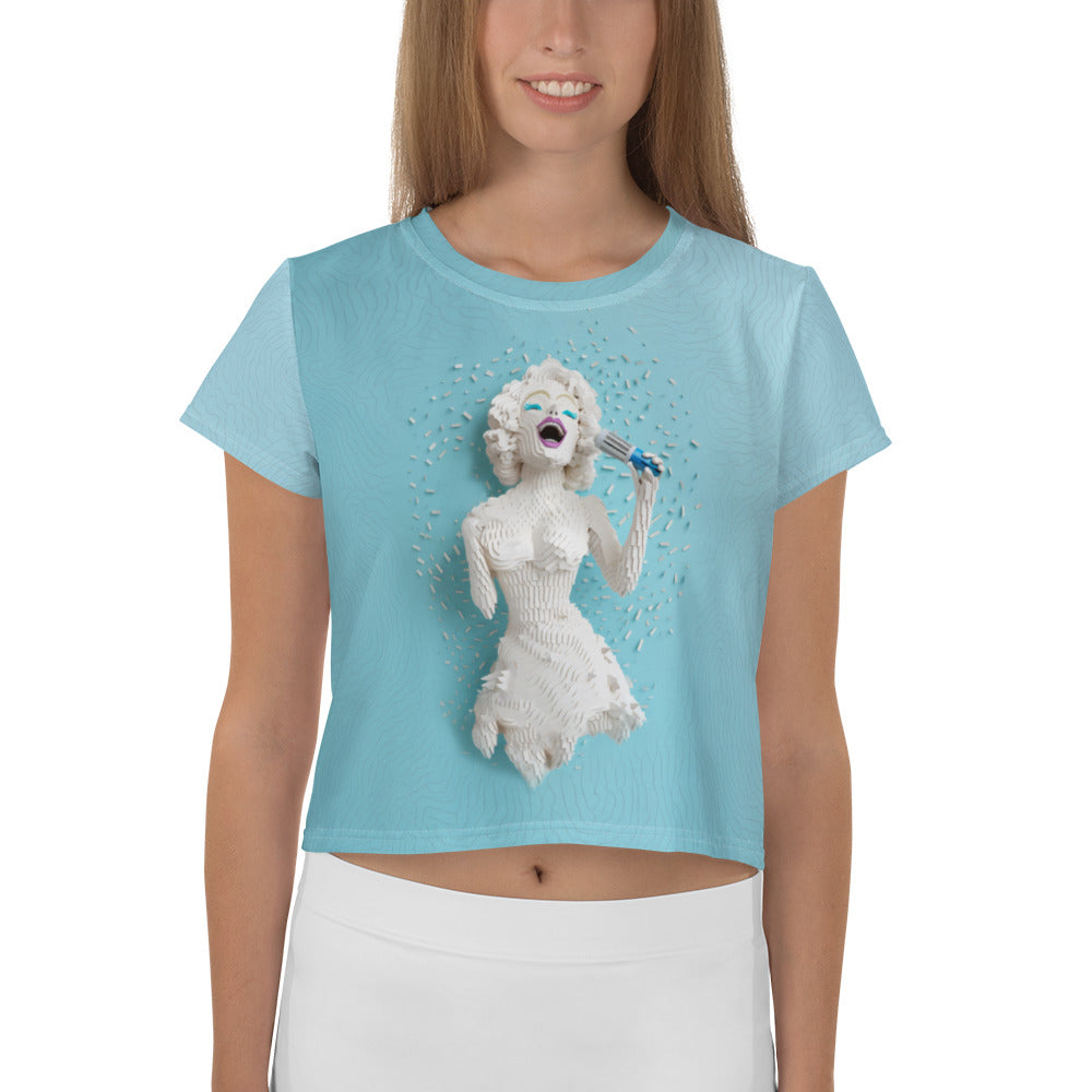 Floral Symphony Crop T-Shirt with vibrant flower design on white background.