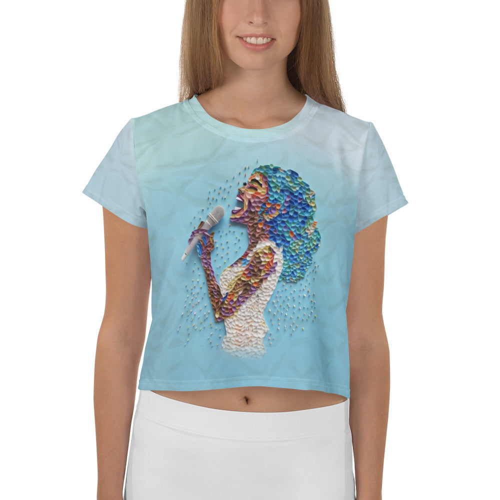 Elegant woman wearing Luminous Lotus Crop T-Shirt.