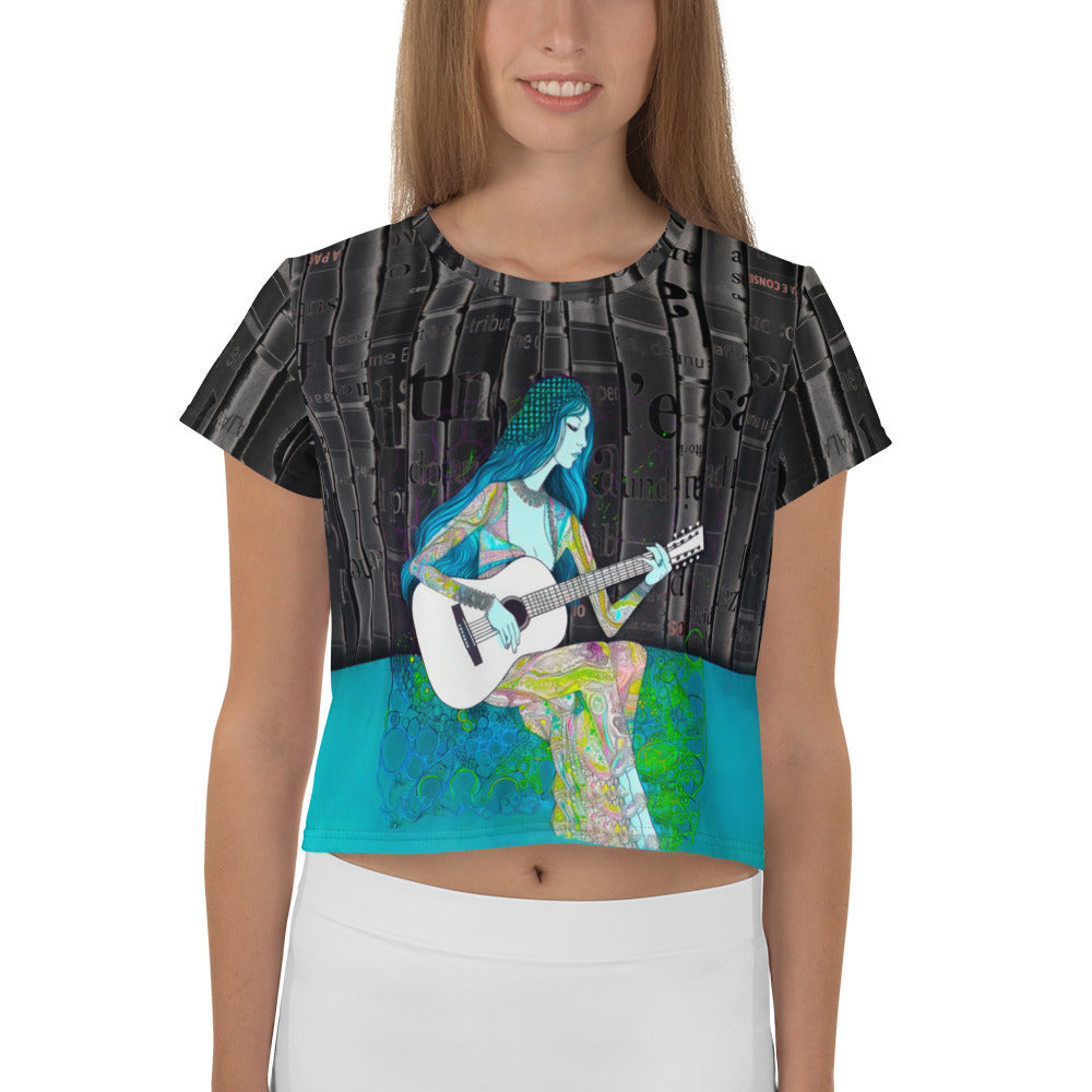 Bright neon-colored Pop Blast crop t-shirt on white background.