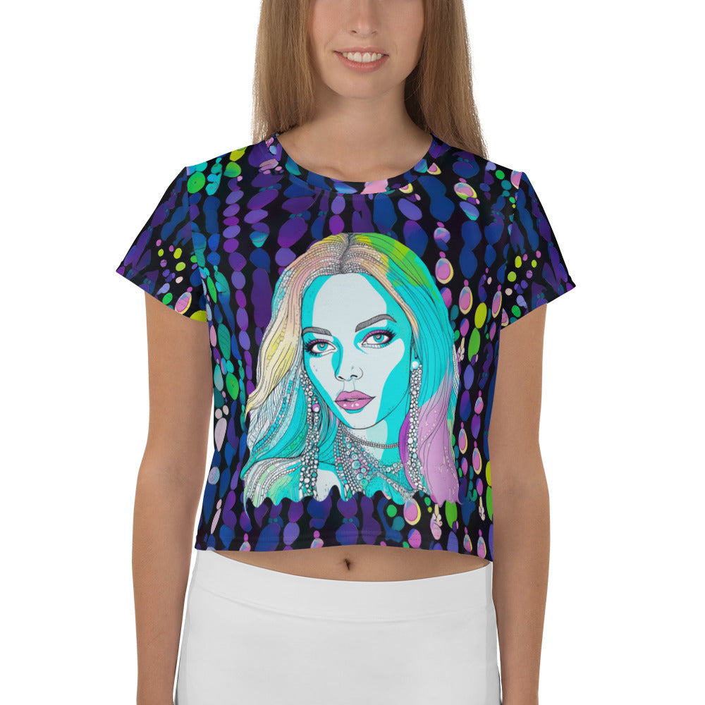 Warhol-inspired colorful pop art design on crop t-shirt.