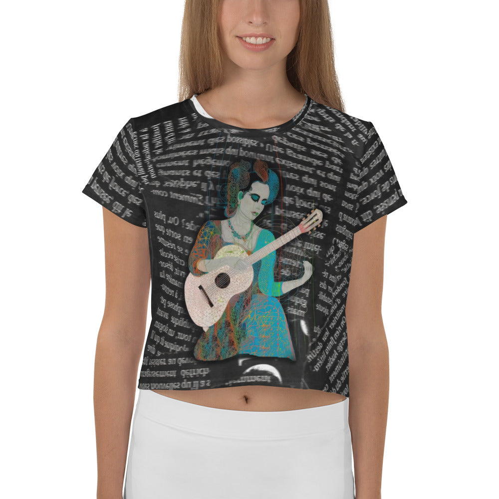 Whimsical Pop Fantasy Crop T-Shirt with vibrant cartoon patterns on a sunny day