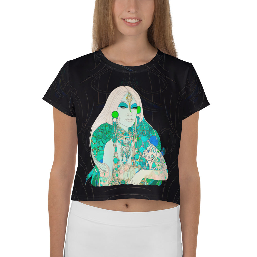 Woman wearing Street Style Pop Fusion Crop T-Shirt with urban background.