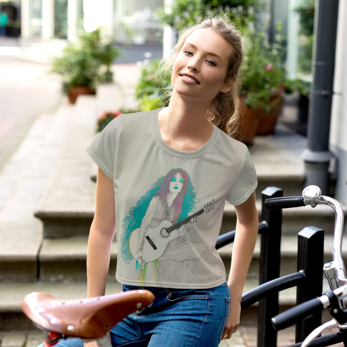 Vibrant Psychedelic Pop Dream Crop T-Shirt with colorful patterns.