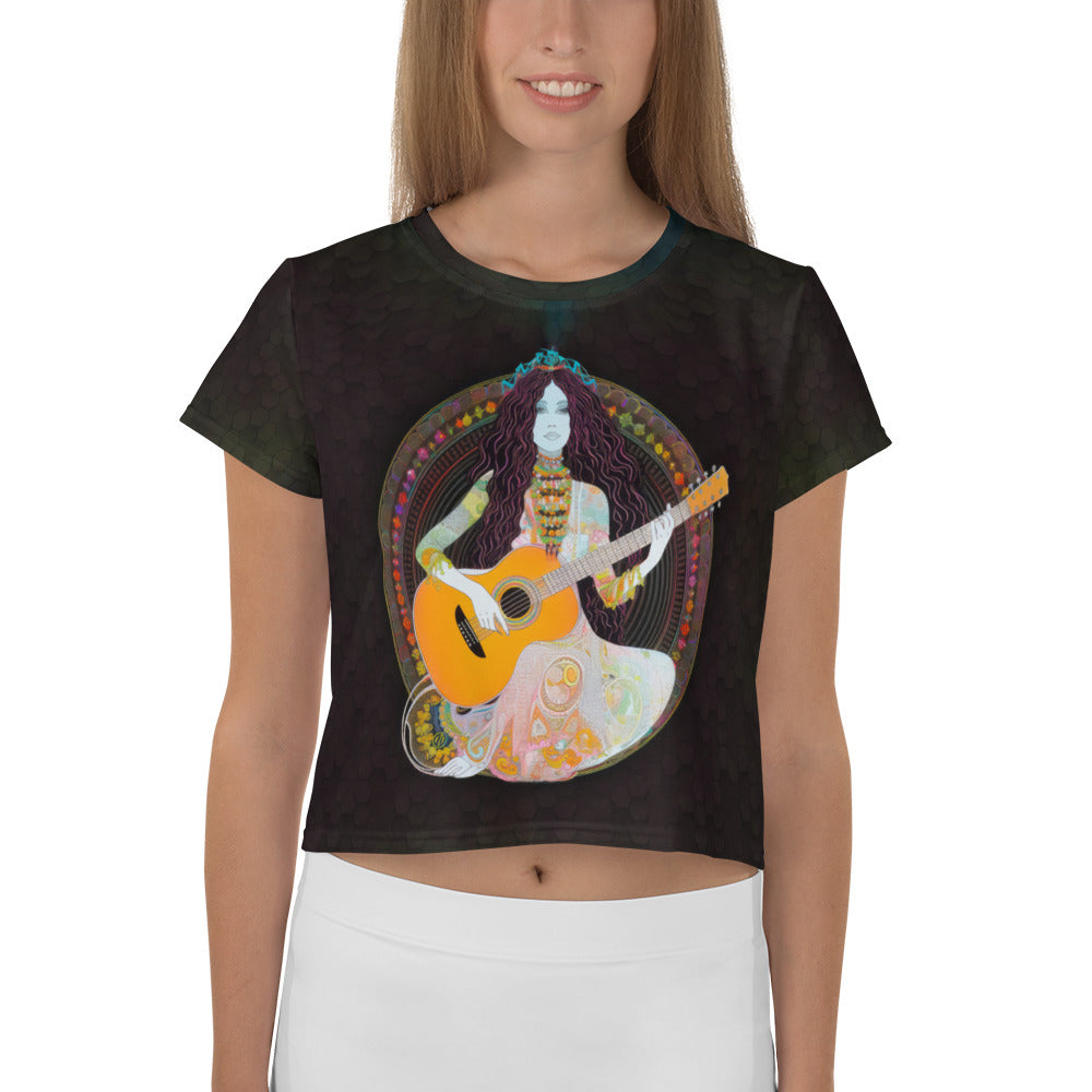 Colorful Groovy Pop Revival Crop T-Shirt on a model.