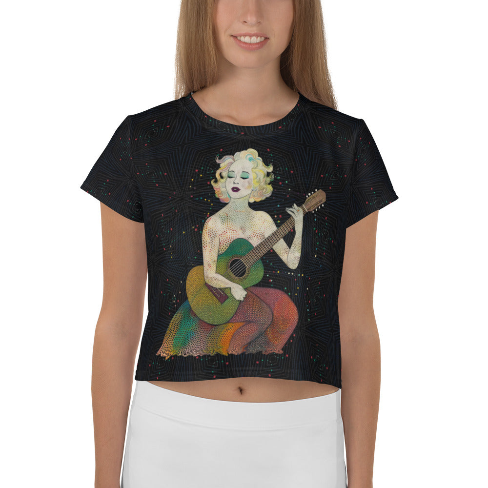 Model wearing Peaceful Petals Crop Tee with jeans