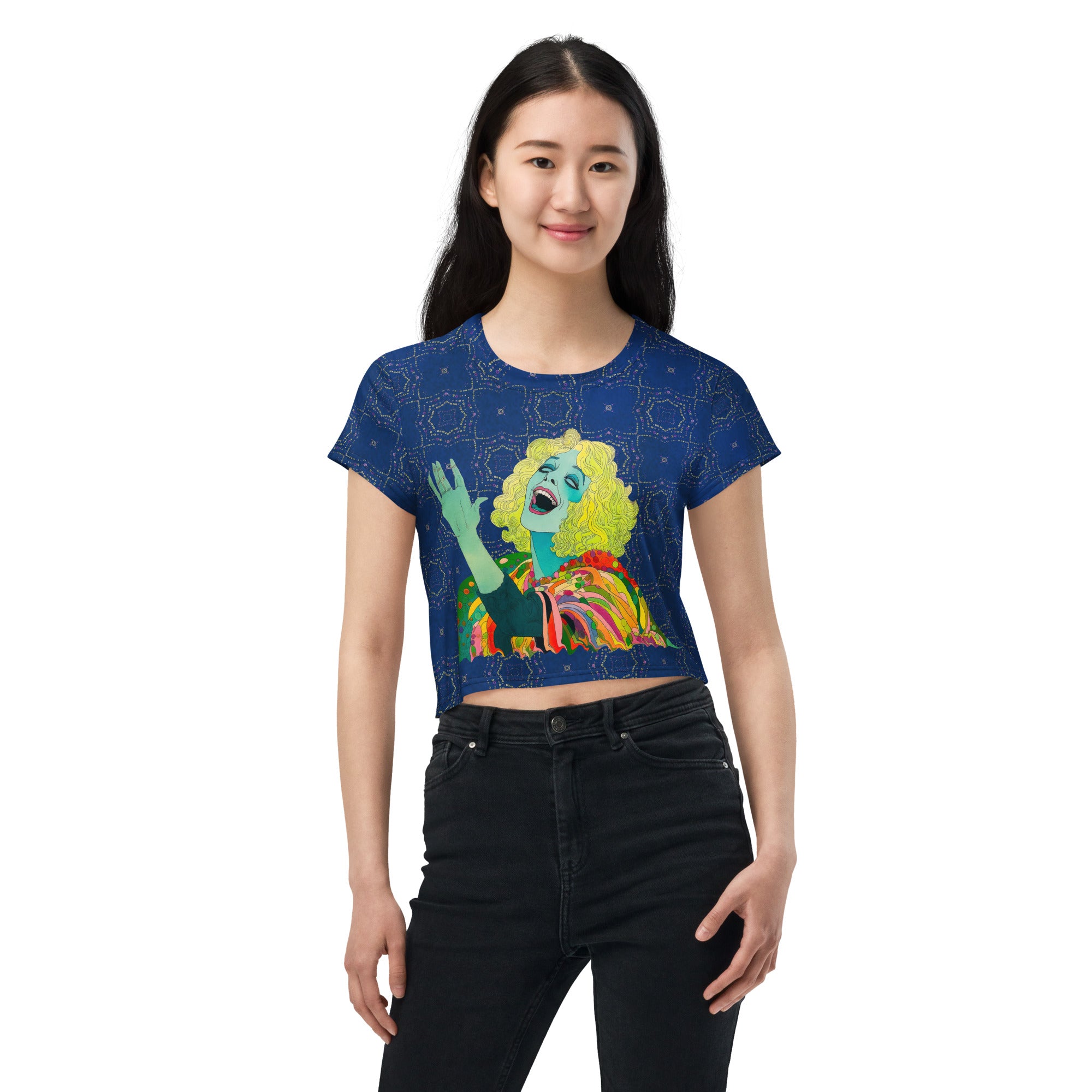 Model wearing Bohemian Blossoms Women's Crop T-Shirt with jeans.