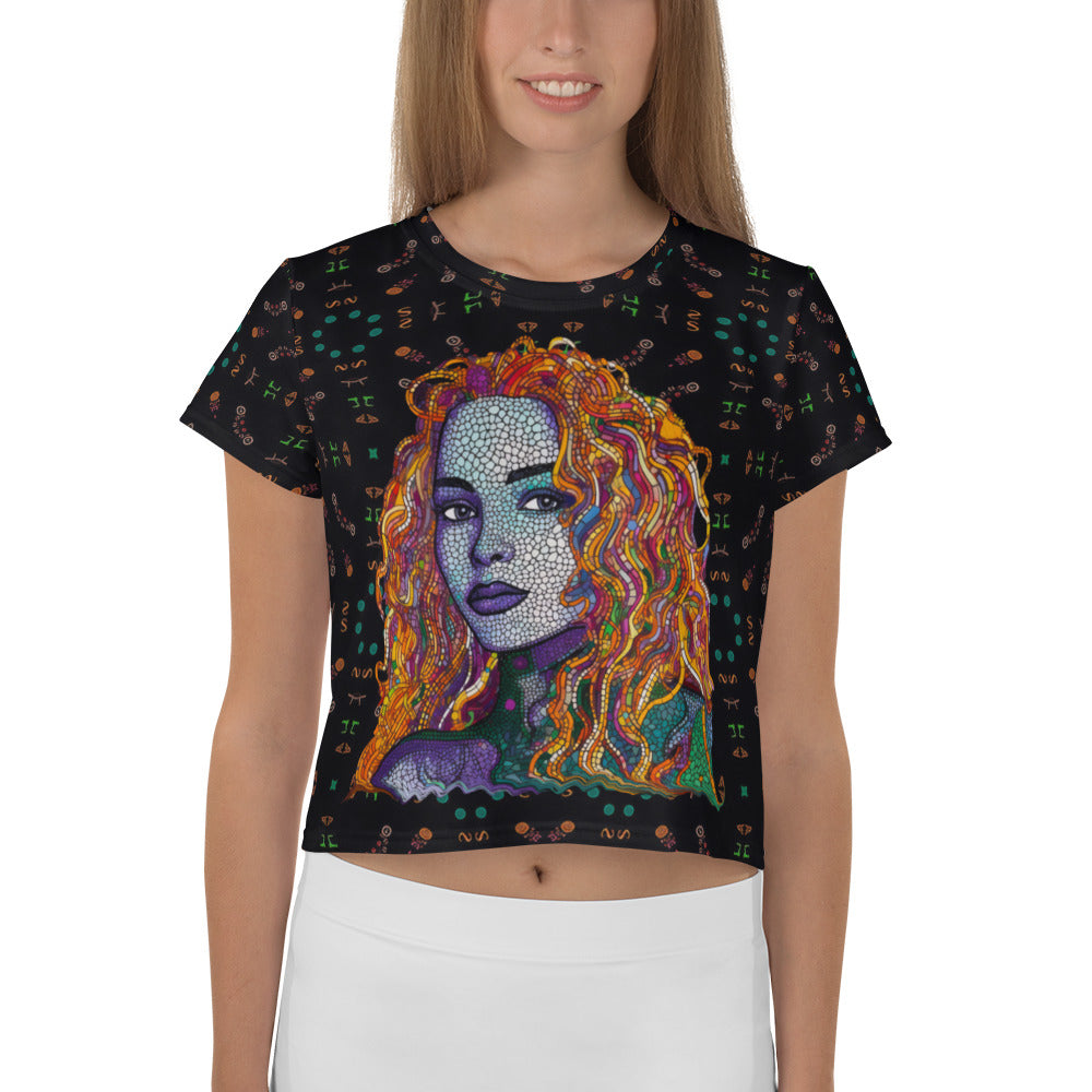 Flower Child Revolution Women's Crop T-Shirt on a clothing mannequin.