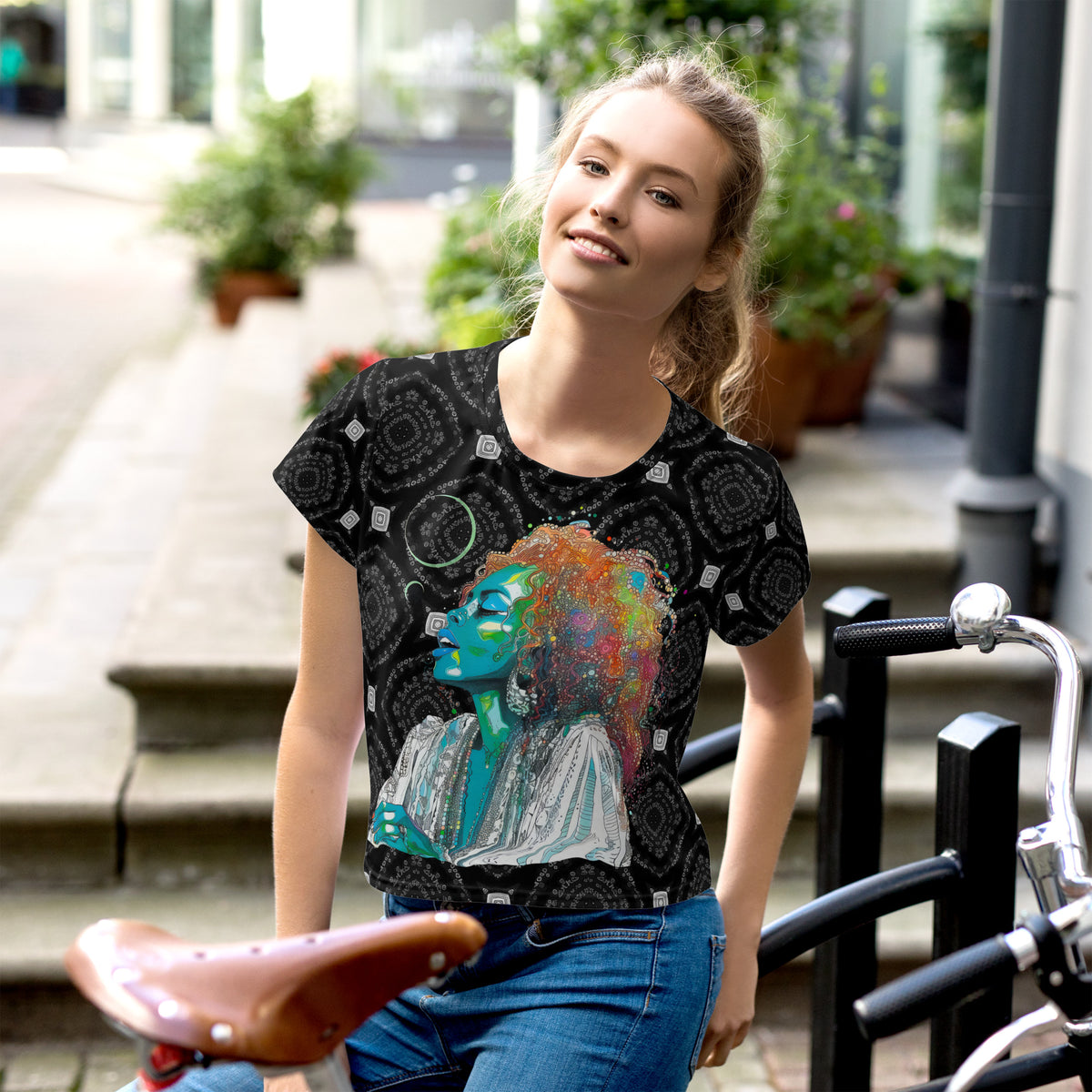 Groovy Garden Women's Crop T-Shirt on a clothing mannequin.