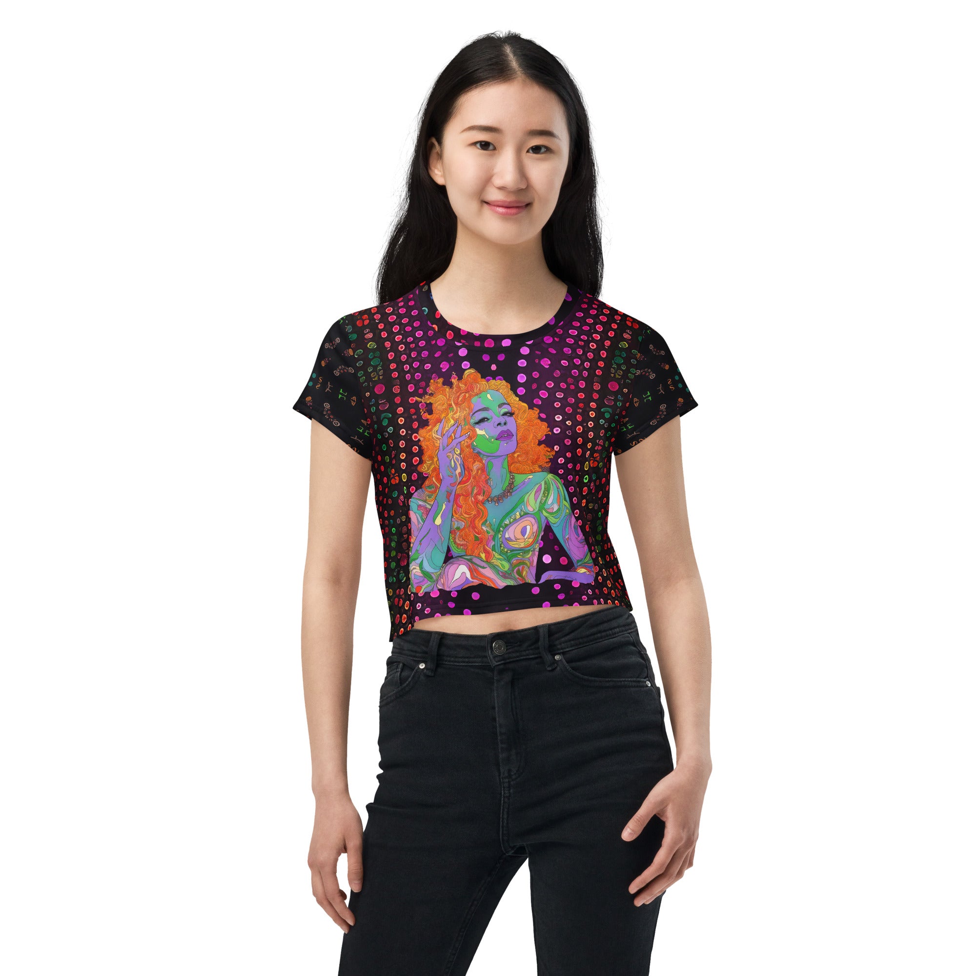 Floral Fantasy Women's Crop T-Shirt on a clothing mannequin.