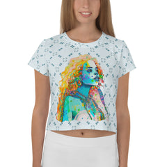 Peaceful Petal Women's Crop T-Shirt on a clothing mannequin.