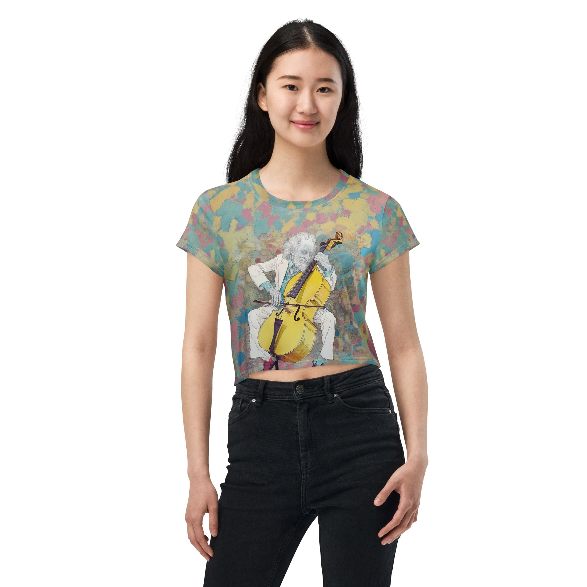 Sonic Pulse Women's Crop T-Shirt with a vibrant, modern pattern.