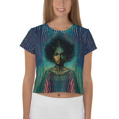 Boho Dreamscape printed crop tee on model