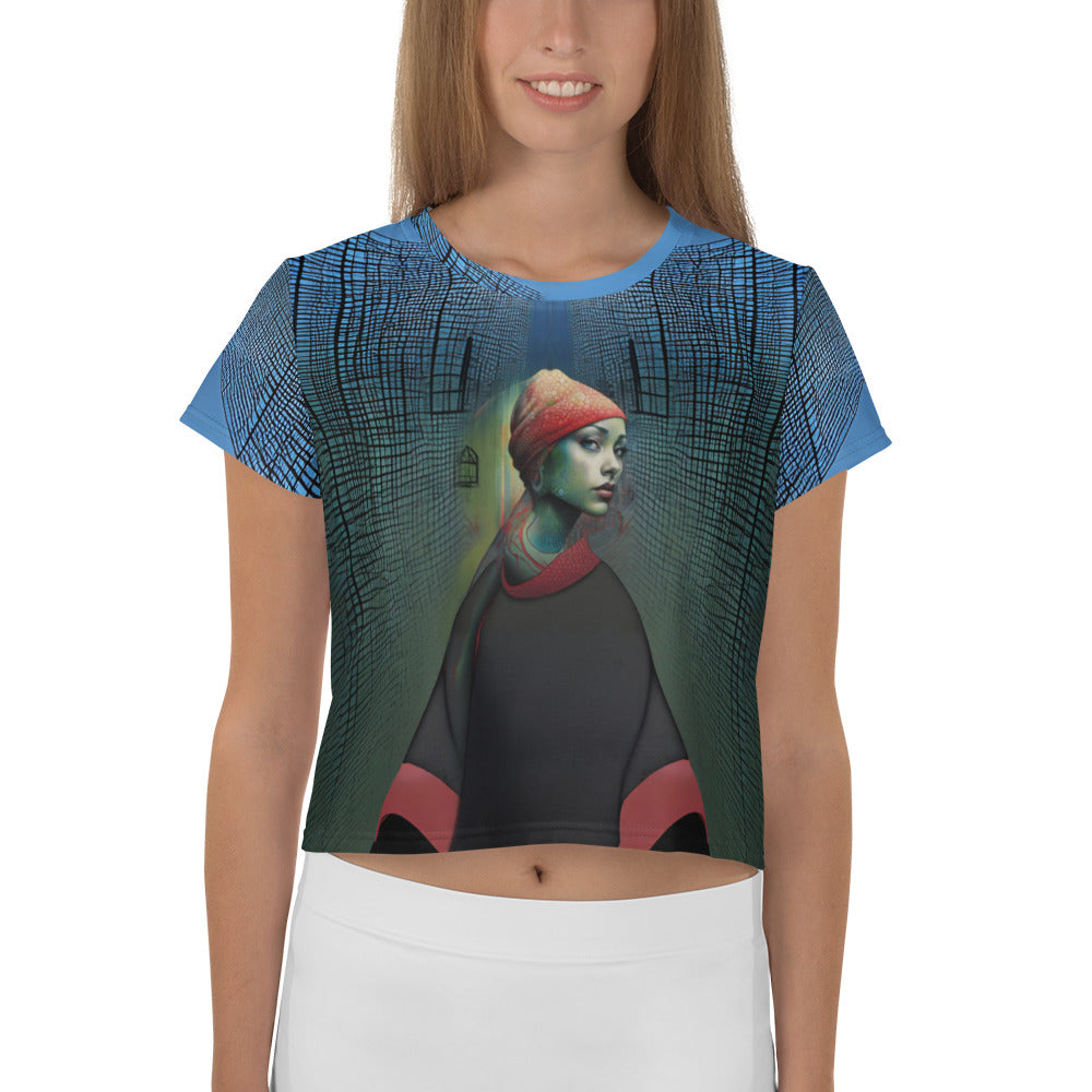 Urban Chic All-Over Print Women's Crop T-Shirt front view.