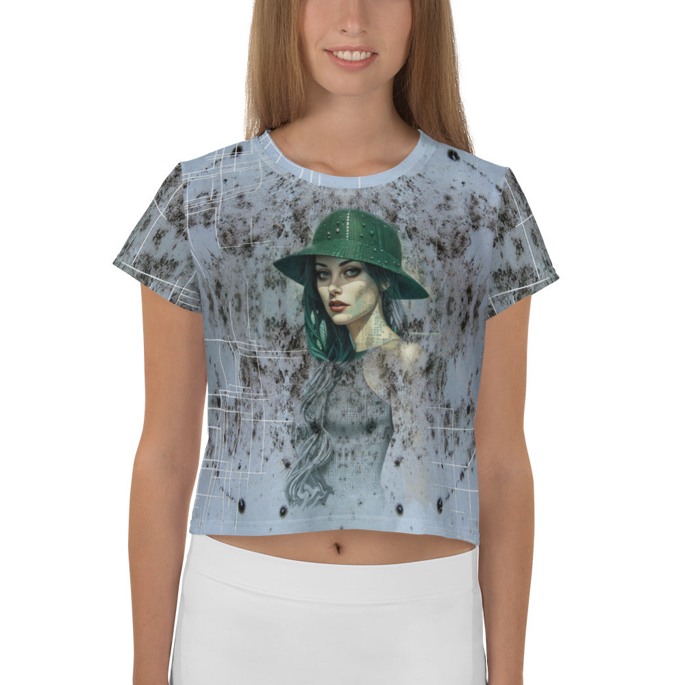 Floral Fantasy All-Over Print Women's Crop T-Shirt side view.