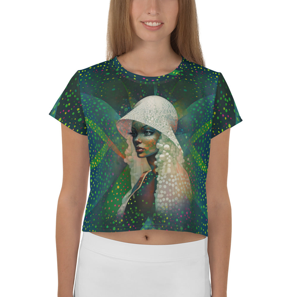 Tropical Vibes All-Over Print Women's Crop T-Shirt in a stylish outfit.