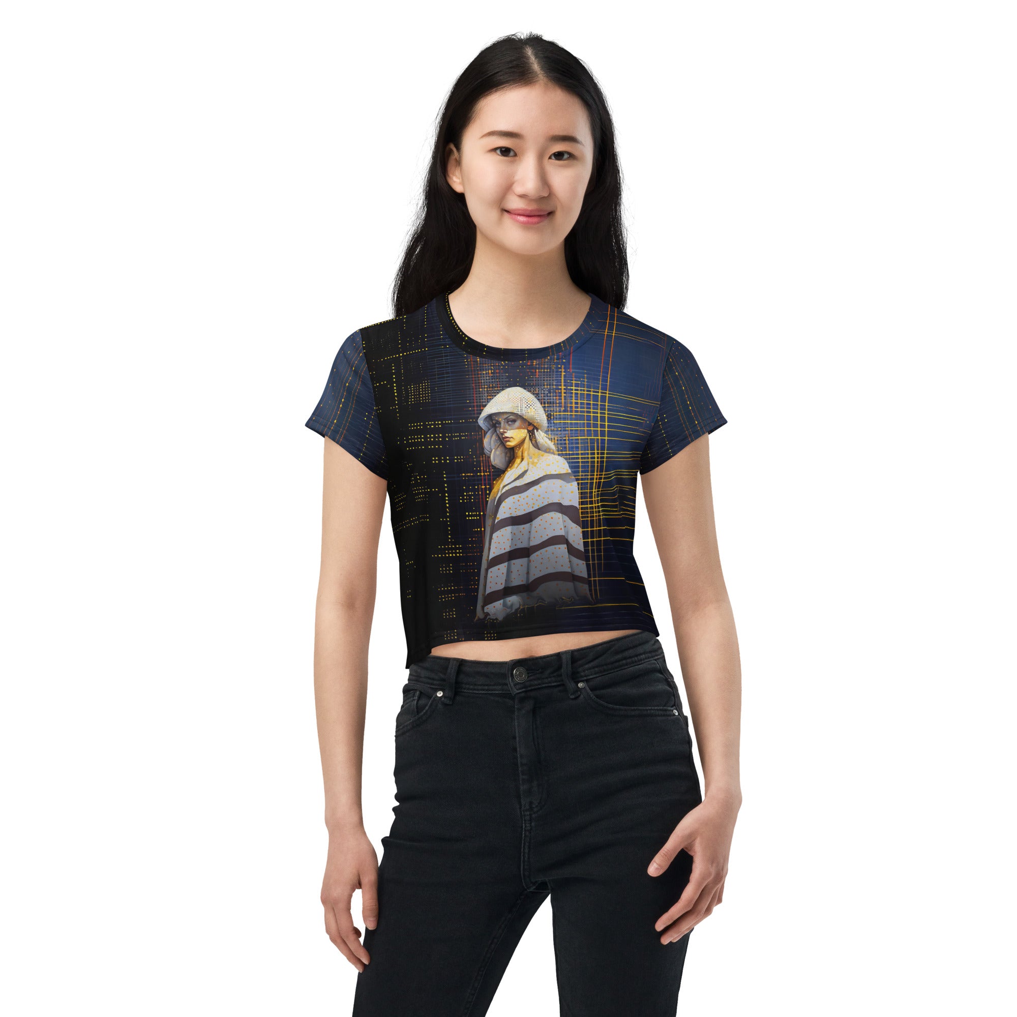 Geometric Grace All-Over Print Women's Crop T-Shirt in a stylish outfit.