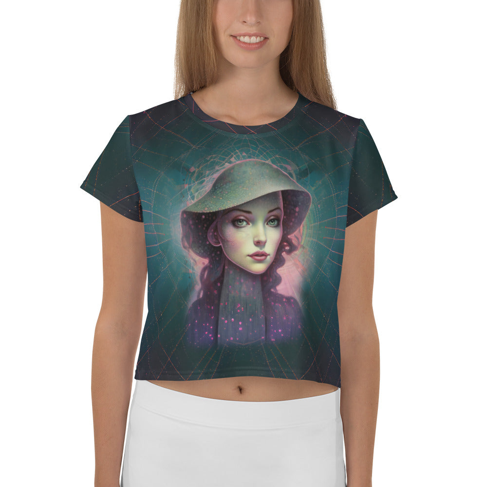 Mystic Waves All-Over Print Women's Crop T-Shirt in a stylish outfit.