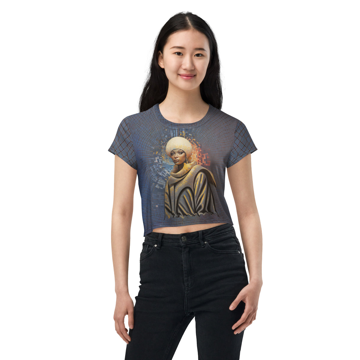 Urban Edge All-Over Print Women's Crop T-Shirt in a stylish outfit.