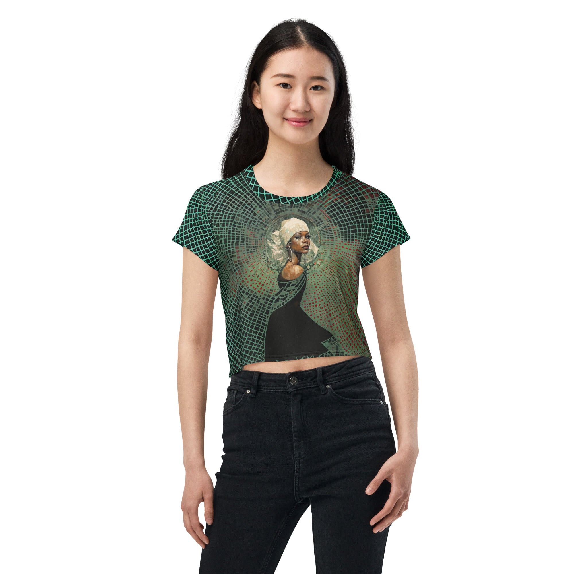 Cosmic Harmony All-Over Print Women's Crop T-Shirt in a stylish outfit.