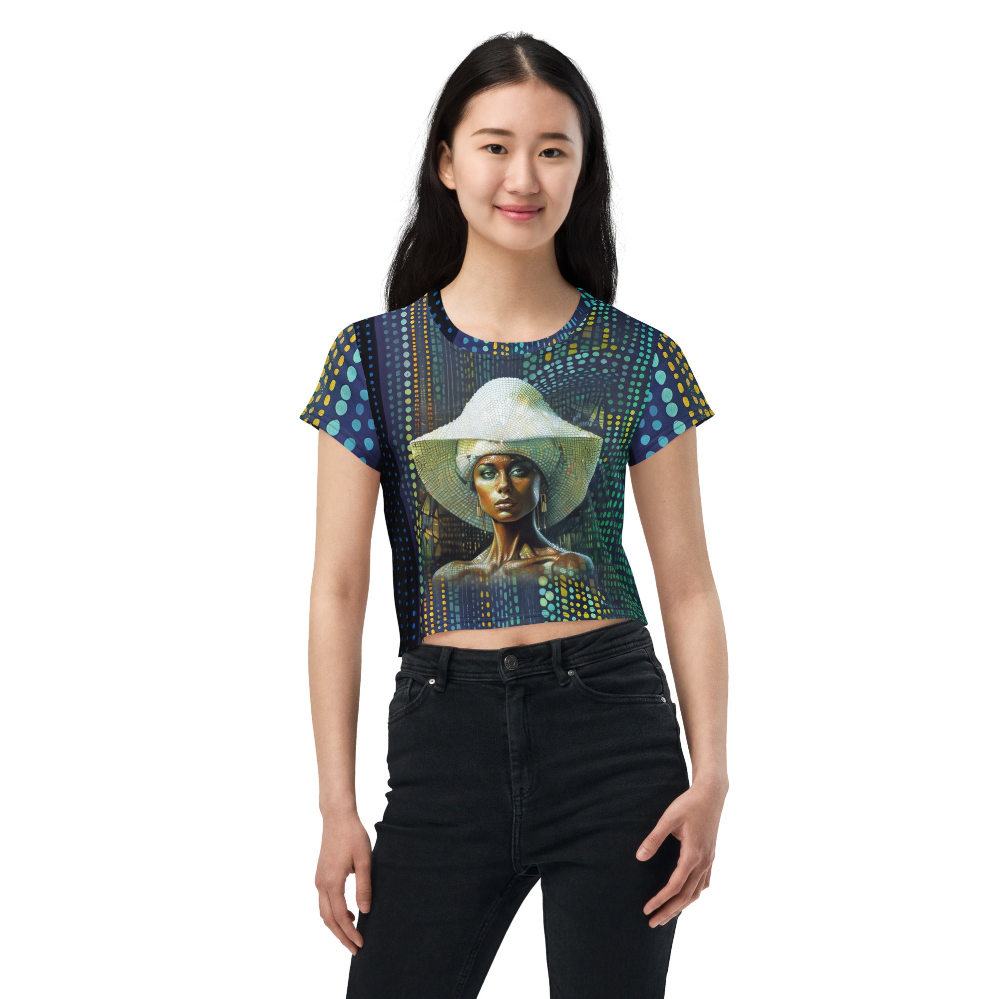 Boho Harmony All-Over Print Women's Crop T-Shirt front view.