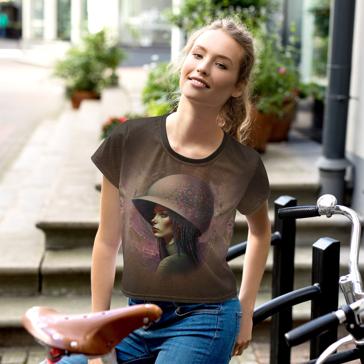 Ethereal Glow All-Over Print Women's Crop T-Shirt front view.