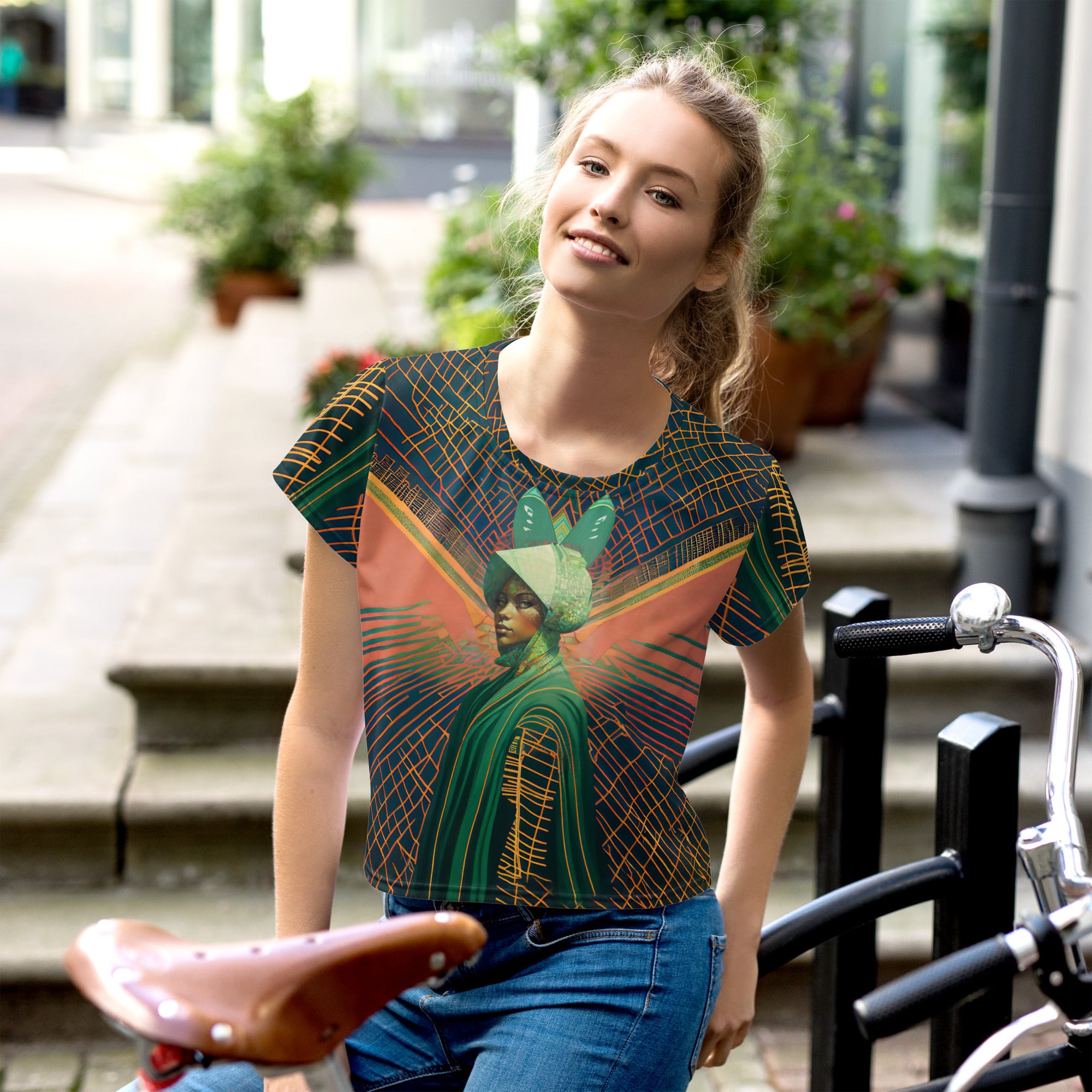 Boho Bloom All-Over Print Women's Crop T-Shirt front view.