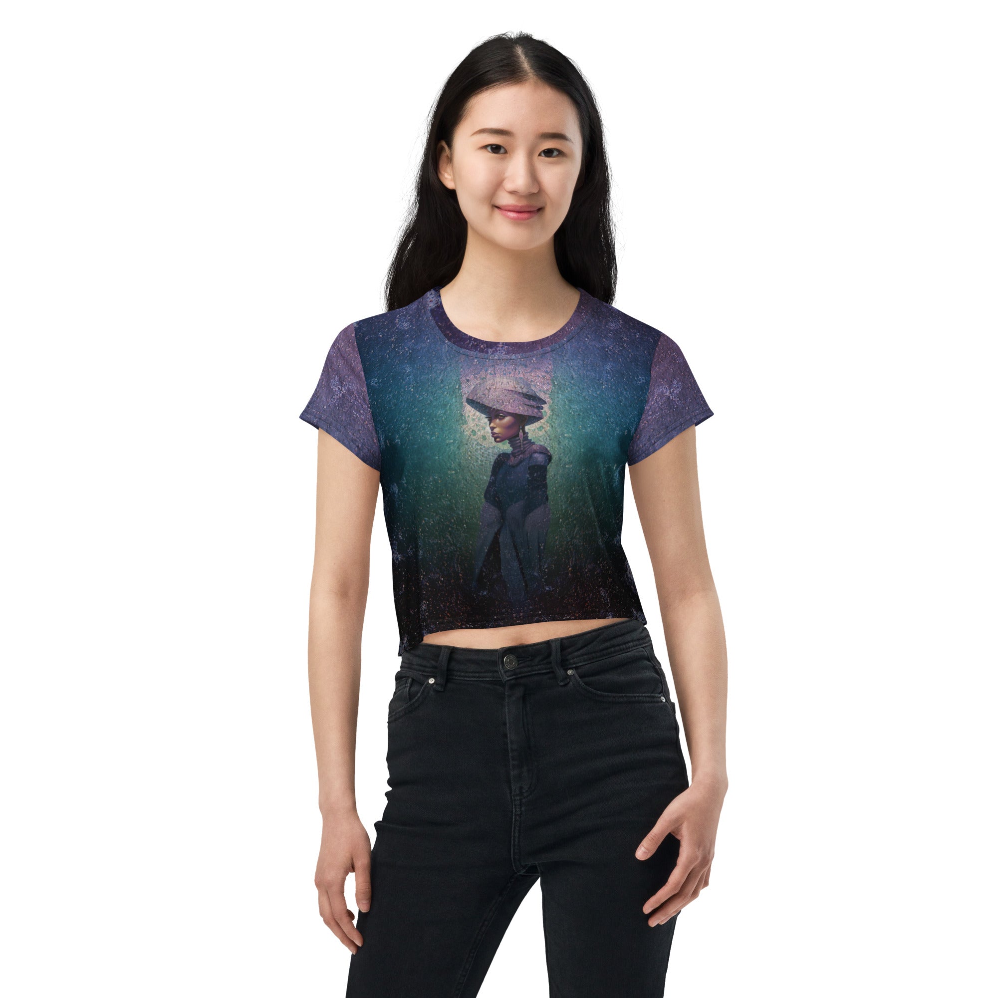 Cosmic Cascade All-Over Print Women's Crop T-Shirt front view.