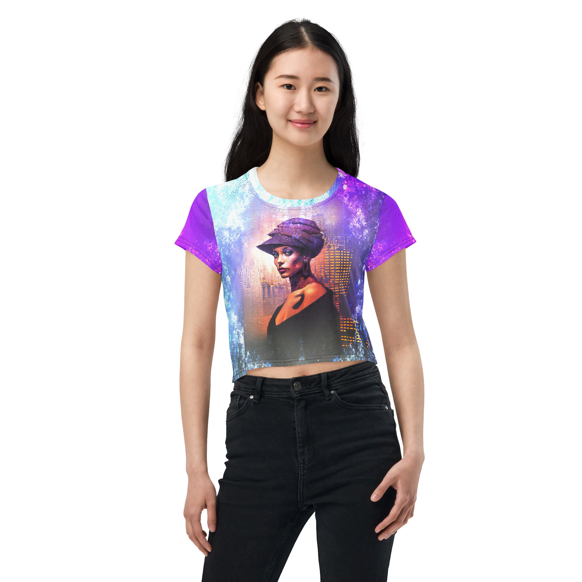 Mystic Mirage All-Over Print Women's Crop T-Shirt pattern close-up.