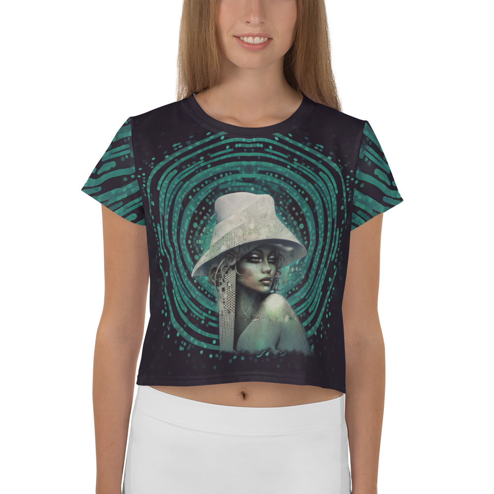 Urban Rhythm All-Over Print Women's Crop T-Shirt front view.