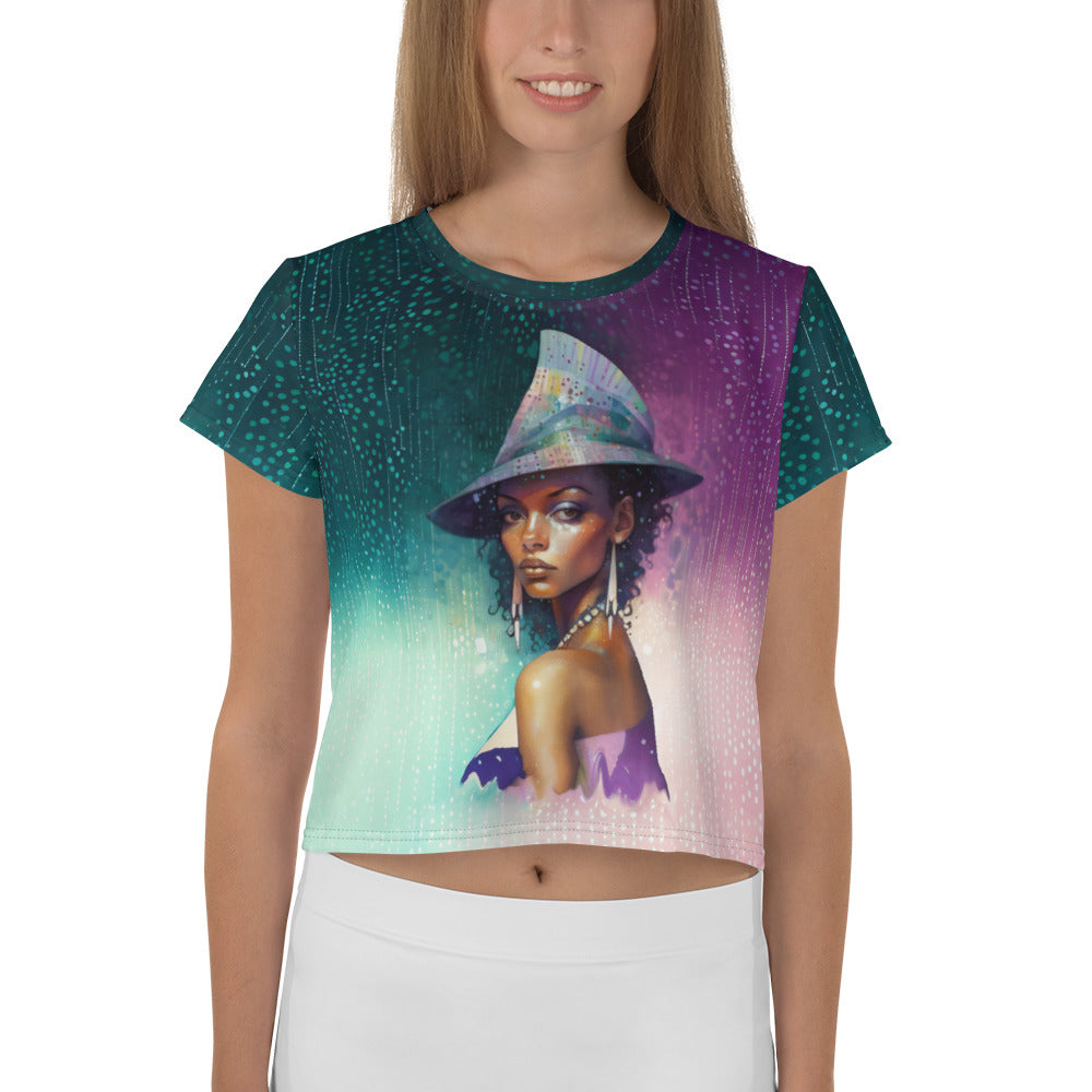 Cosmic Wonder All-Over Print Women's Crop T-Shirt front view.