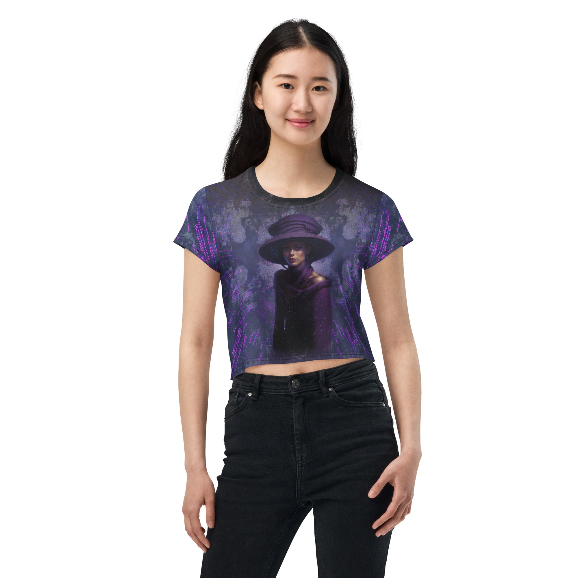 Floral Garden All-Over Print Women's Crop T-Shirt floral pattern close-up.