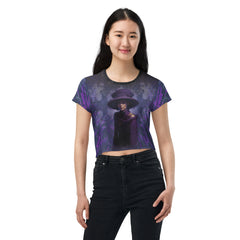 Floral Garden All-Over Print Women's Crop T-Shirt floral pattern close-up.
