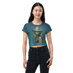 Urban Elegance All-Over Print Women's Crop T-Shirt front view.