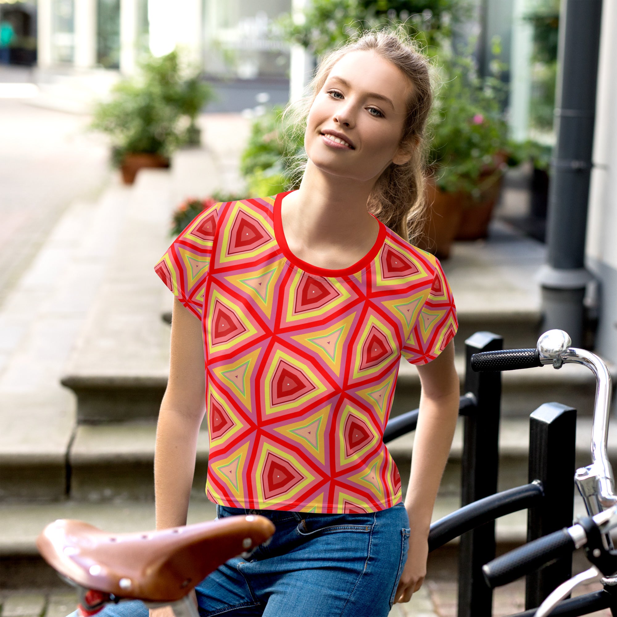 Boho Chic Crop Tee with vibrant bohemian patterns on a model