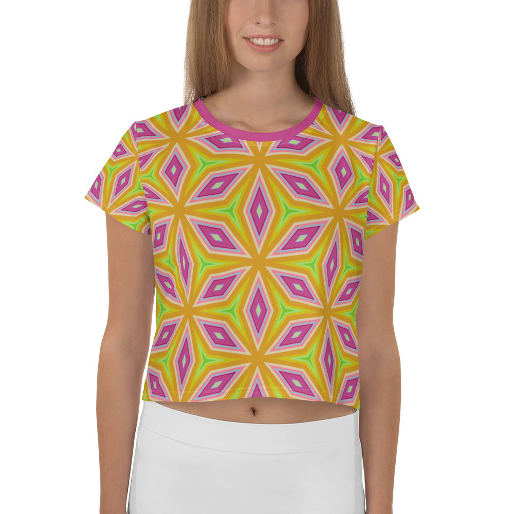 Ethnic Mosaic pattern on women's crop tee.