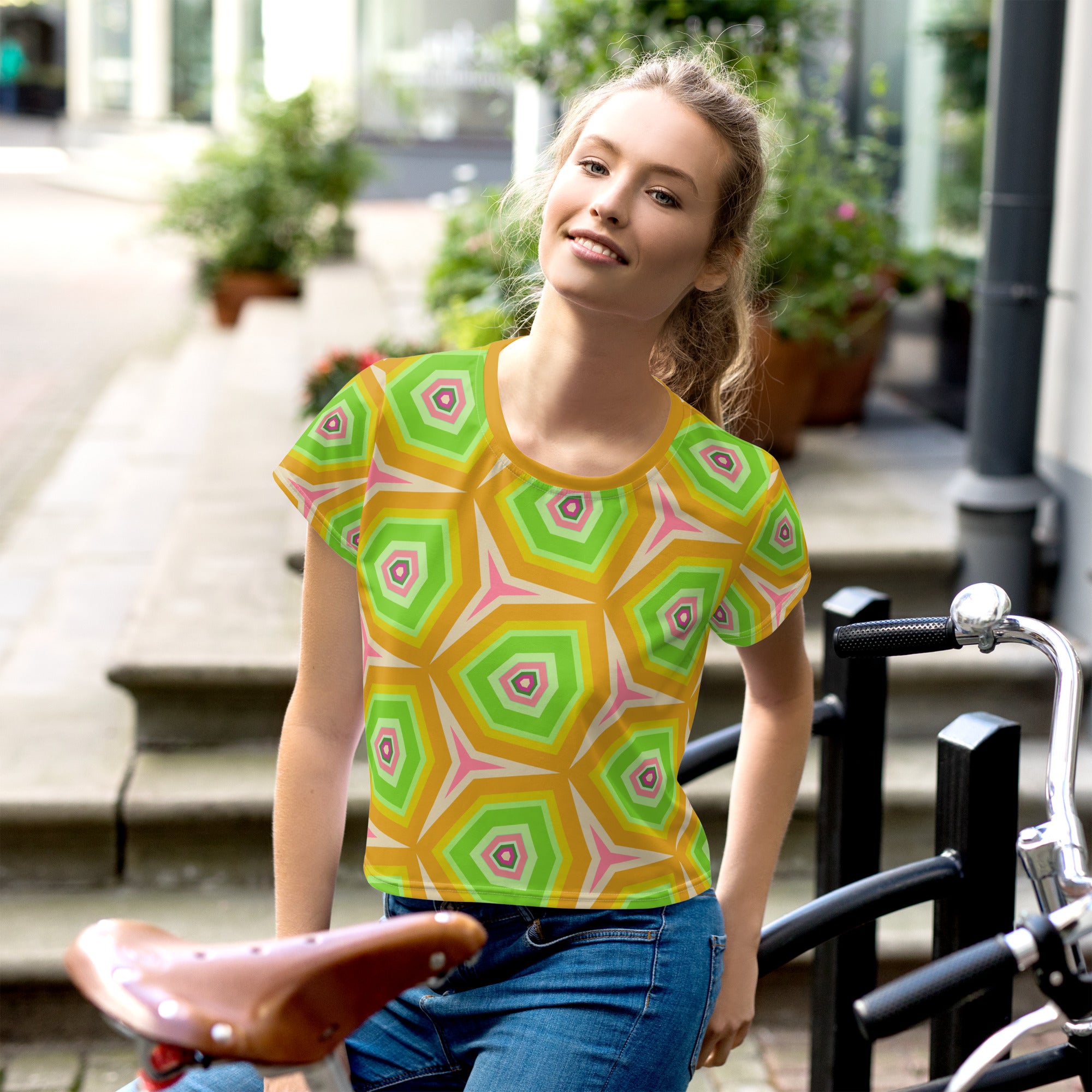 Zen Garden floral pattern crop tee for women.