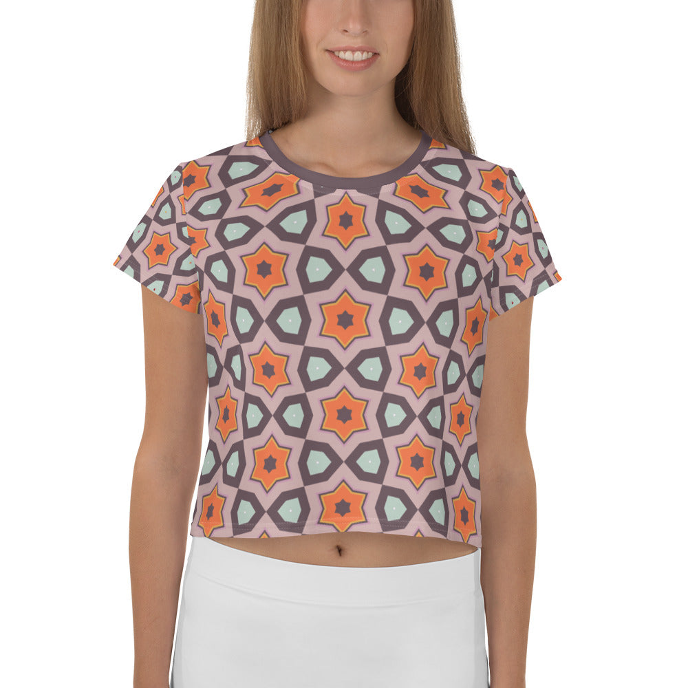 Retro Geometrics Crop Tee with colorful patterns.