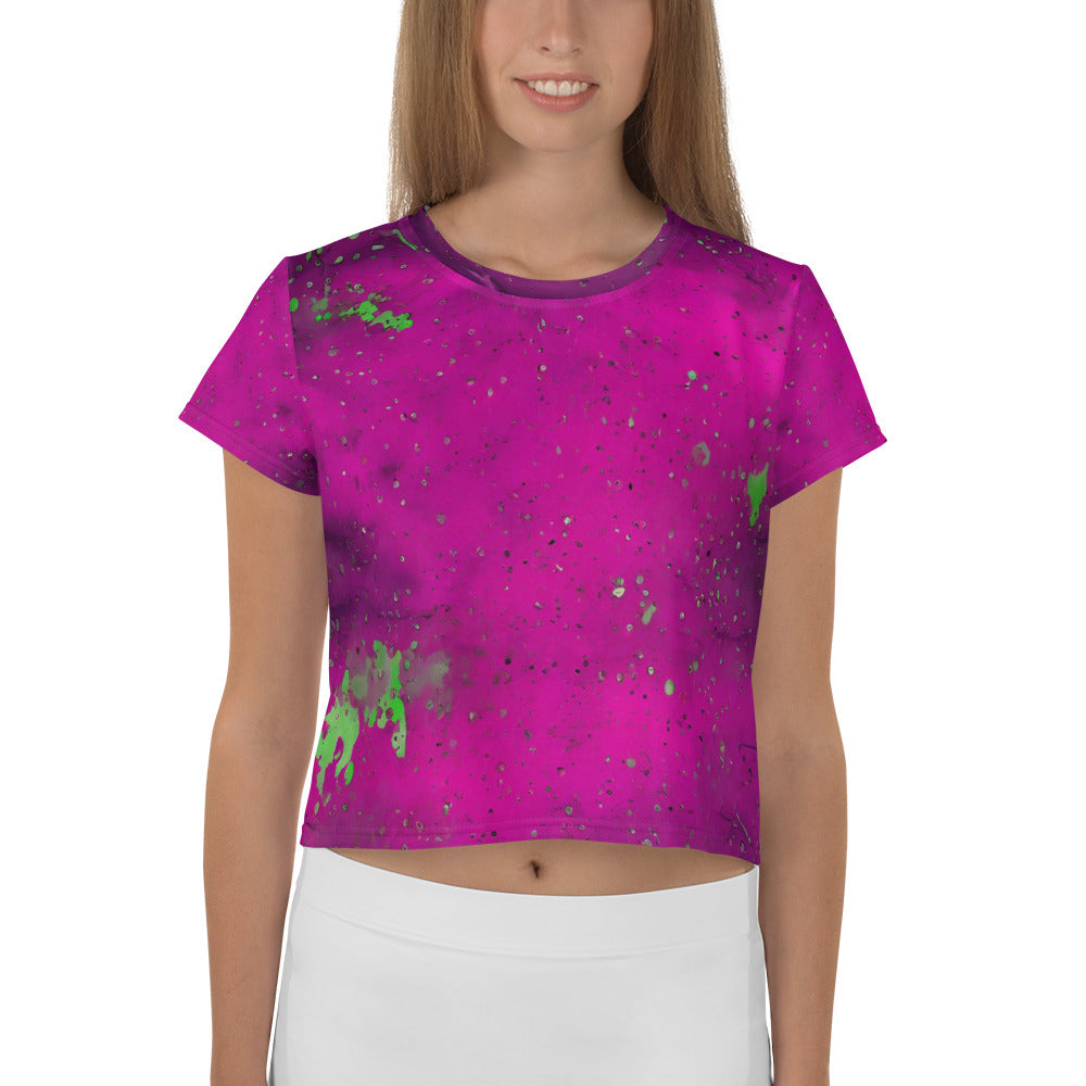 Women's crop T-shirt with colorful paint splashes design.