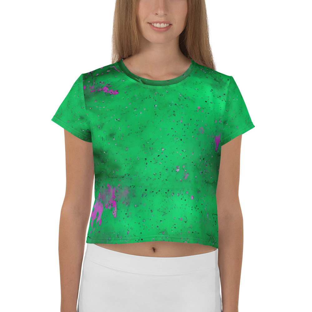 Artistic ink blot design on edgy women's crop shirt.