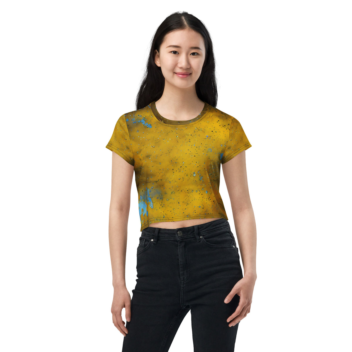 Women's crop T-shirt with chic wine spill design.