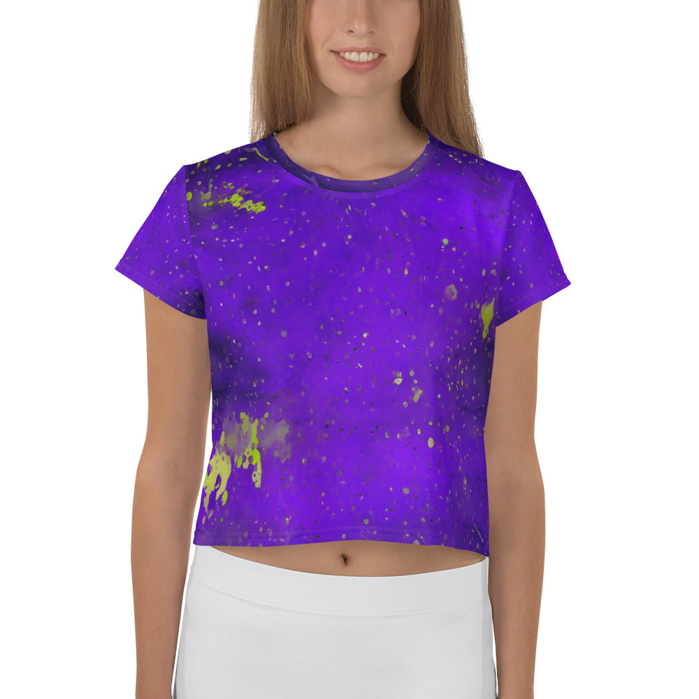 Women's crop T-shirt with bold mud splatter design.