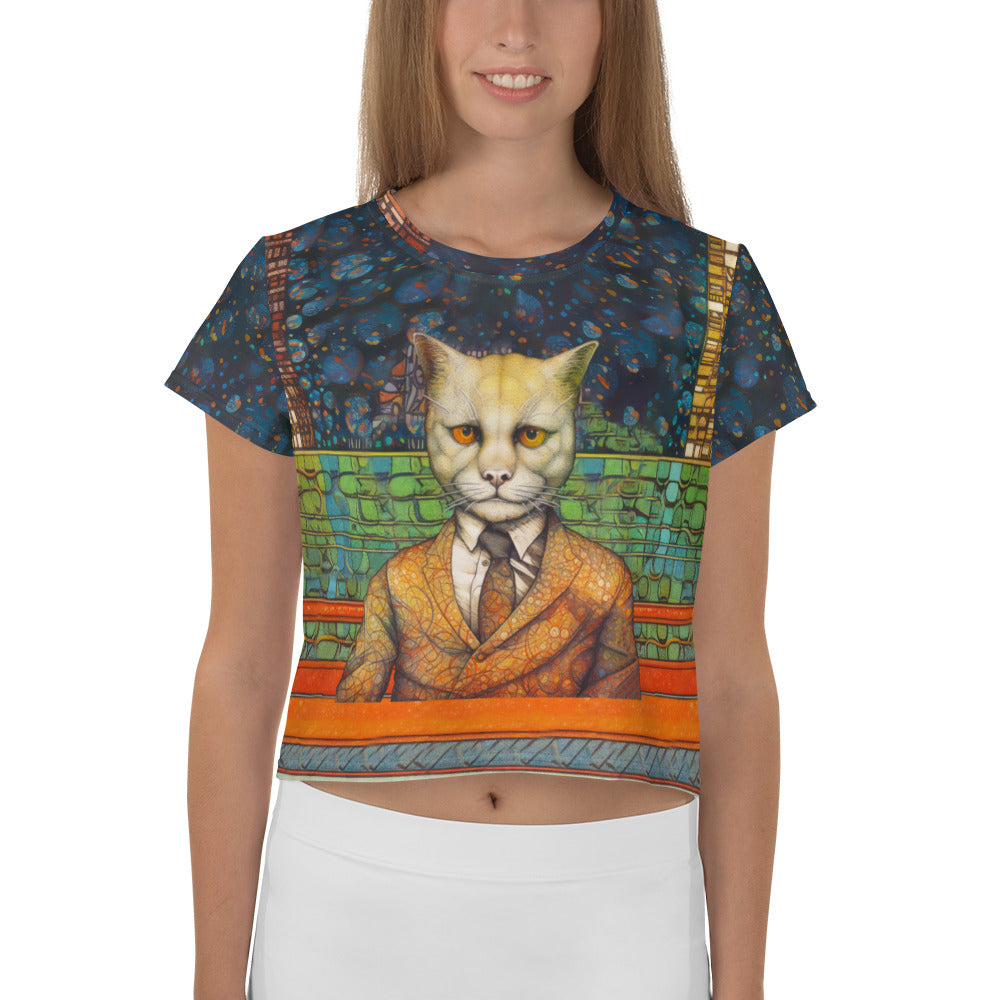 Cats playing in a garden printed crop tee