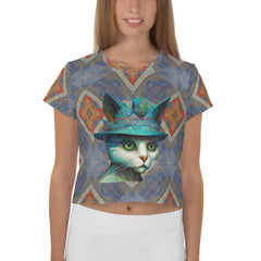 Artistic illustration of cats on crop tee.