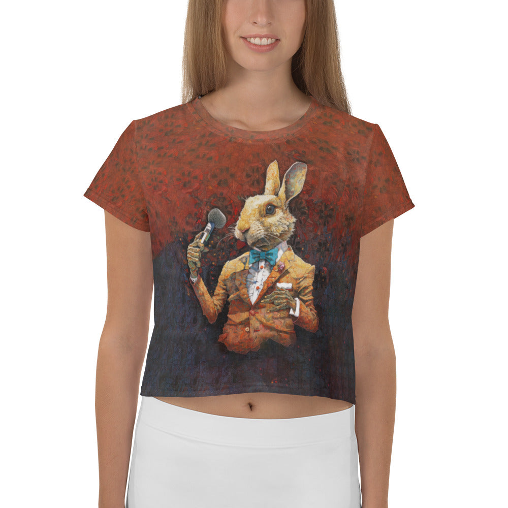 Whimsical Rabbit Dreams graphic crop tee design.