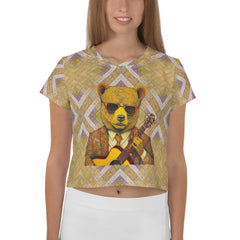 Woman wearing Cozy Bear Moments Crop Tee with casual jeans.